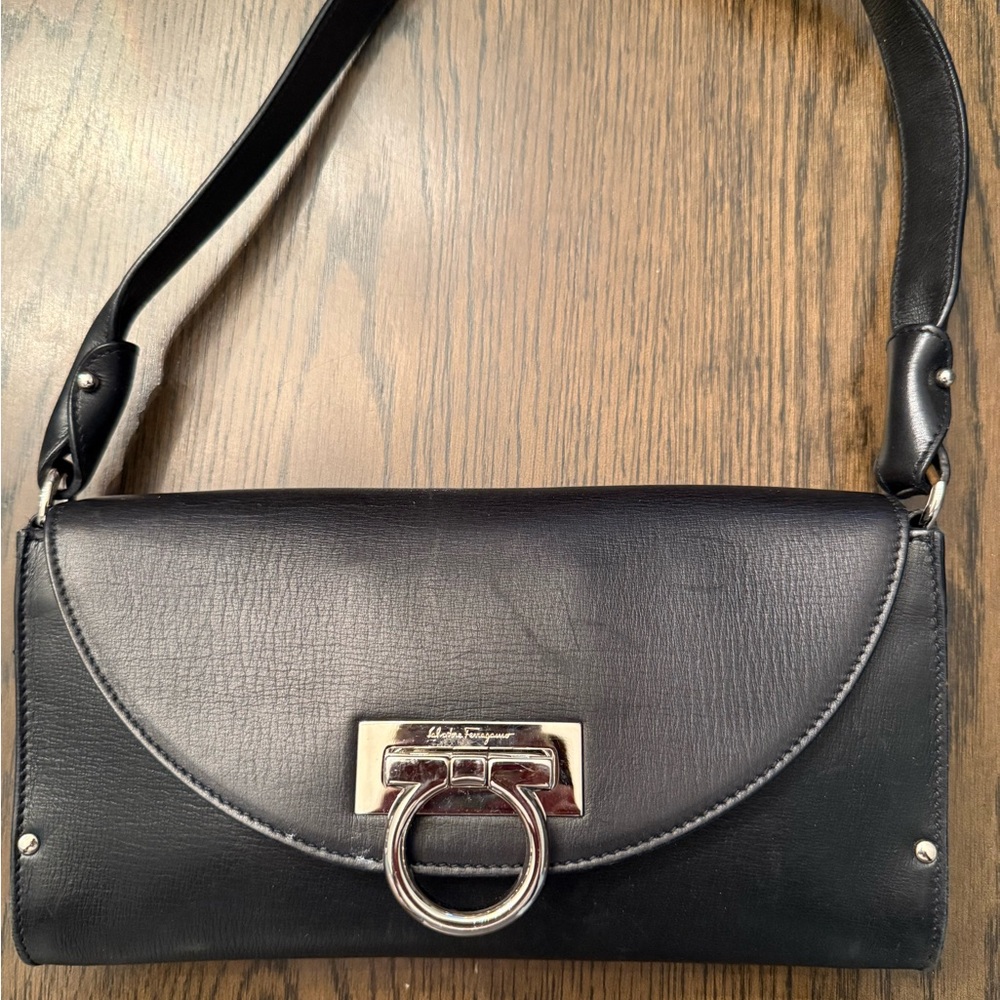 Salvatore Ferragamo Black Leather Shoulder Bag with Silver Accents